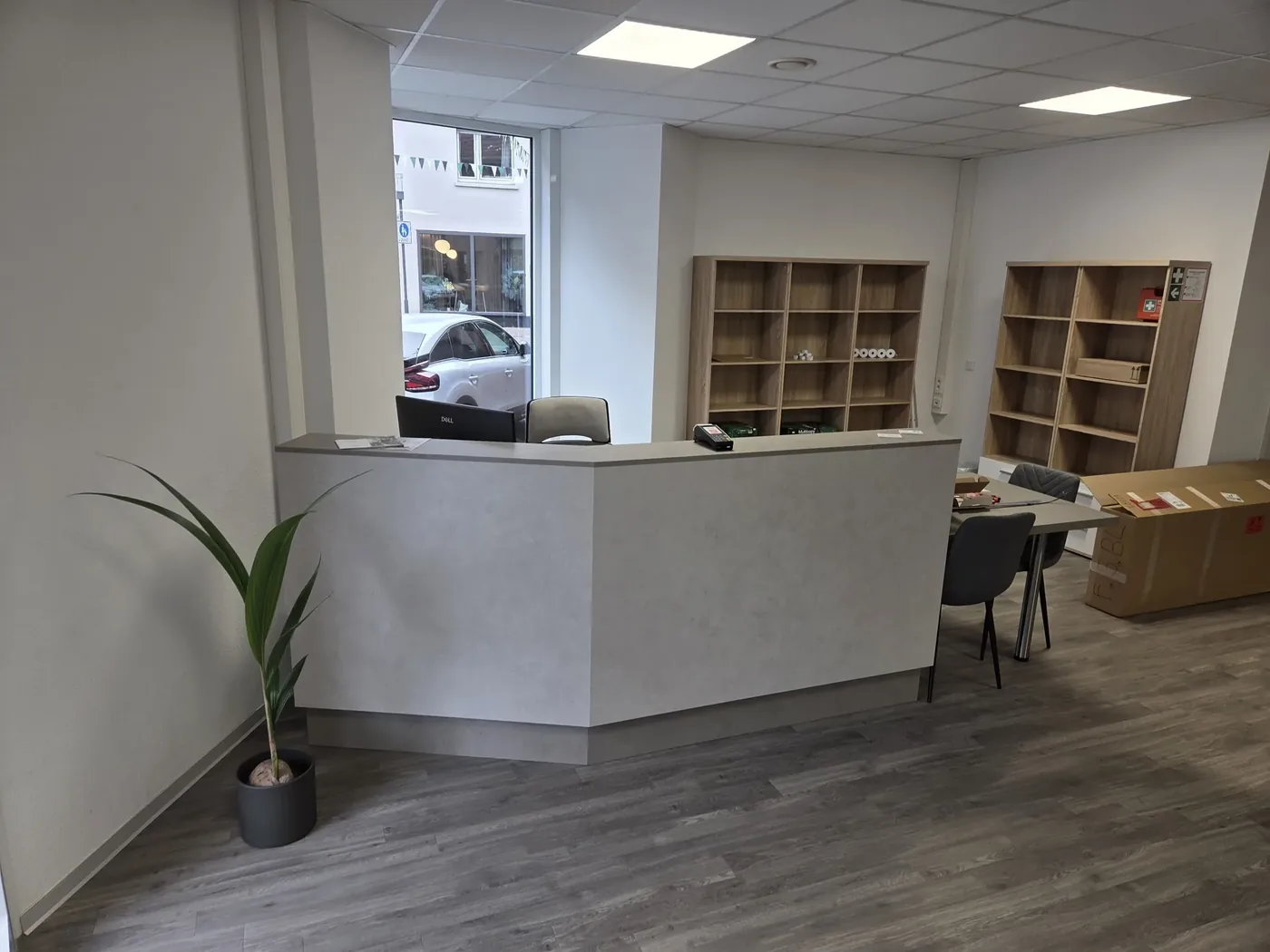 Theke im Ladenlokal von Octo-Print mit Regalen und Blick zur Straße